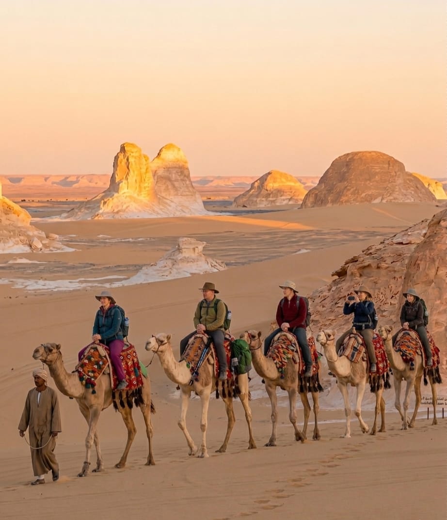 Tourists riding camels through the White Desert, Egypt